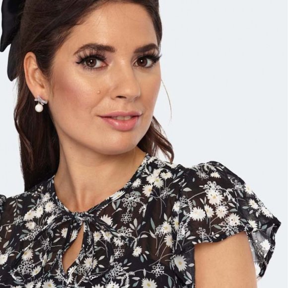 Voodoo Vixen Floral Embroidery Chiffon Flutter Sleeve Flare Dress Size L - NWT - Picture 3 of 5